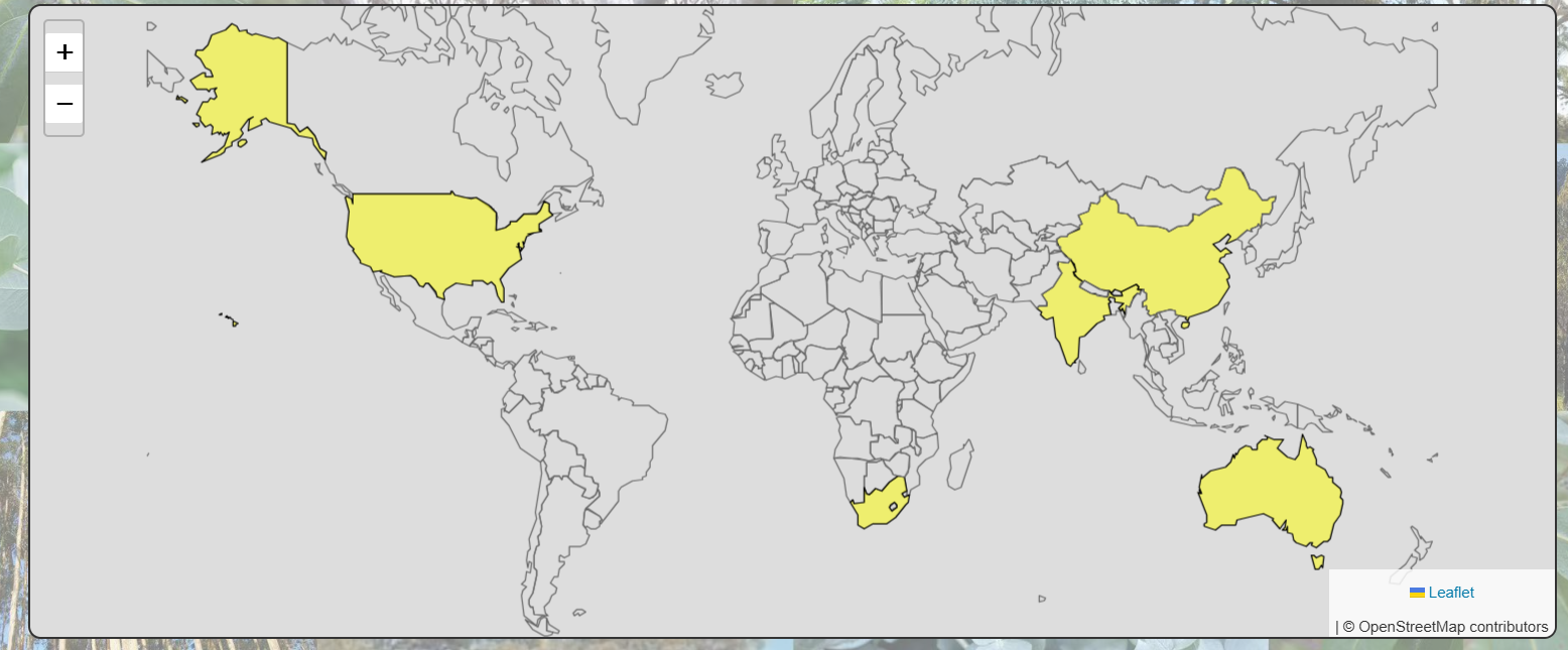 Screenshot of global species distribution information for Eucalyptus Cultivation Tracker