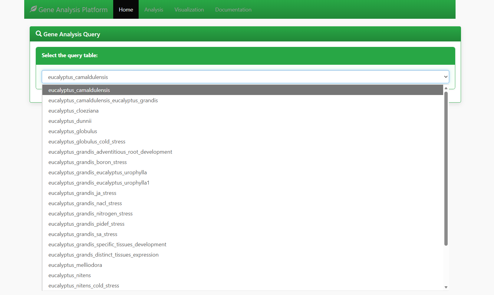 Screenshot of Eucalyptus dataset selection interface for Gene expression