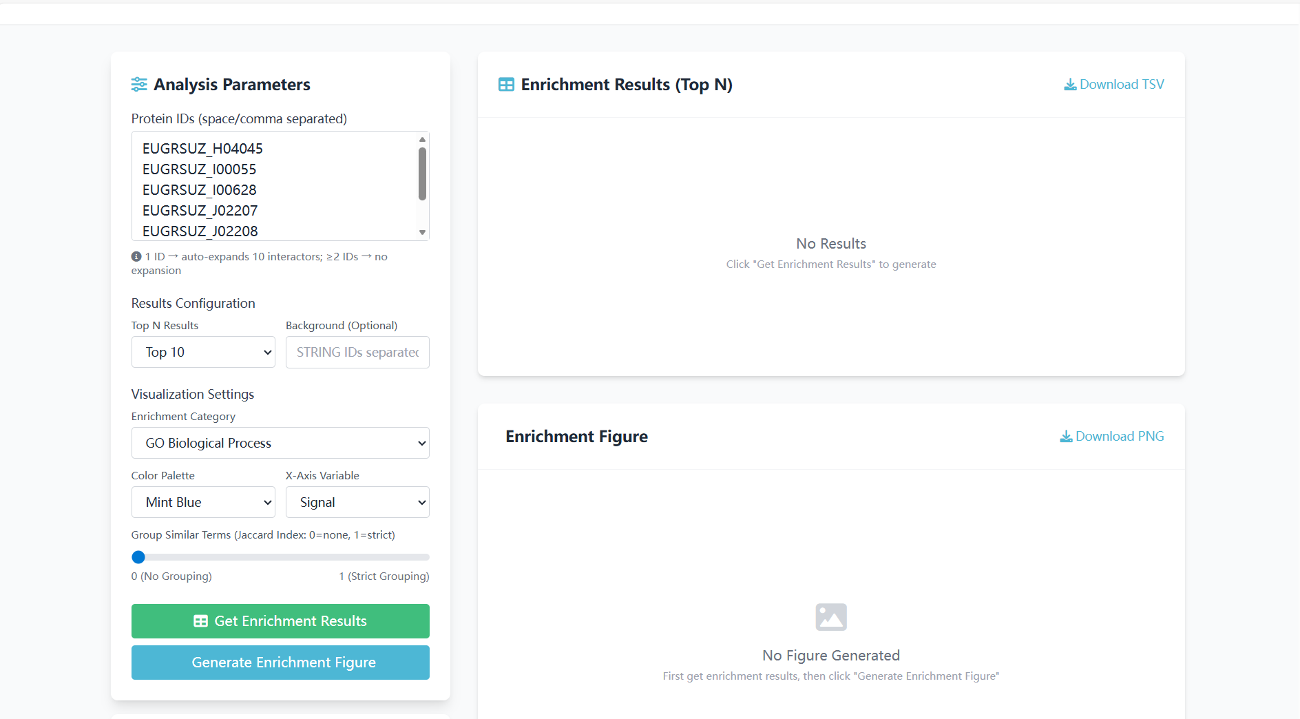 Screenshot of Eucalyptus protein ID input interface for GO/KEGG enrichment analysis