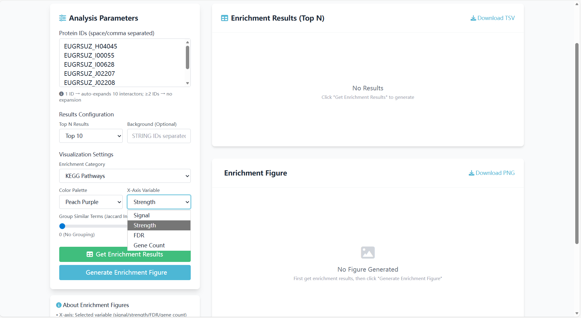 Screenshot of X-axis variable selection interface for GO/KEGG enrichment analysis