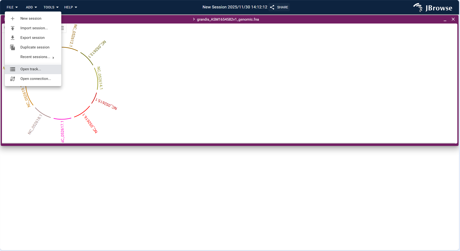 Screenshot of Circular View with overlaid Reference sequence, Feature, and GC Content tracks