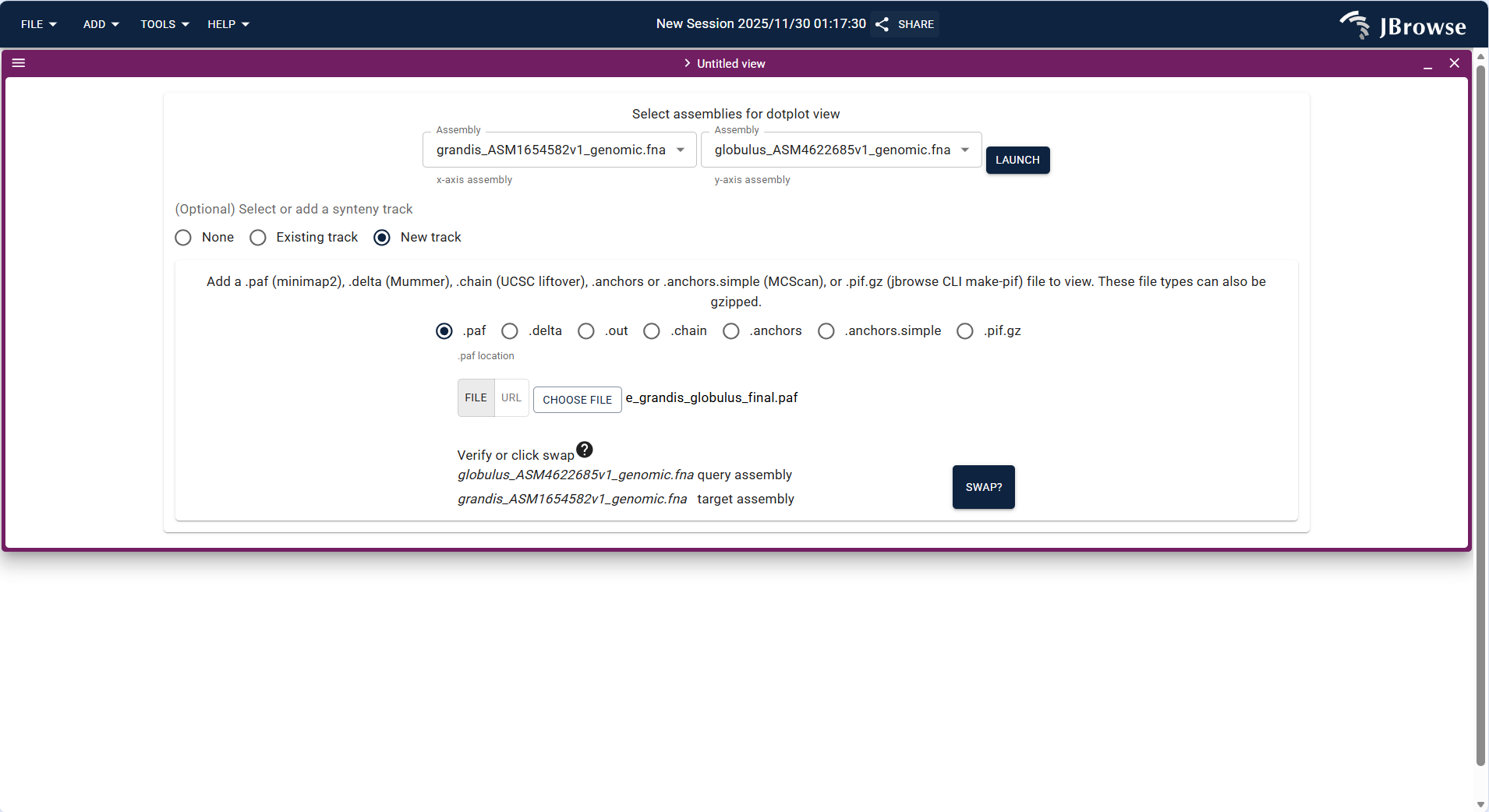 Screenshot of Dotplot View showing SyntenyTrack between Eucalyptus and Myrtus communis