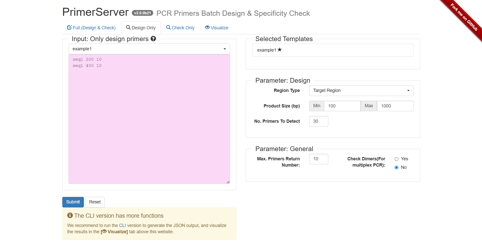 A screenshot of the one type of selection for Primer design.