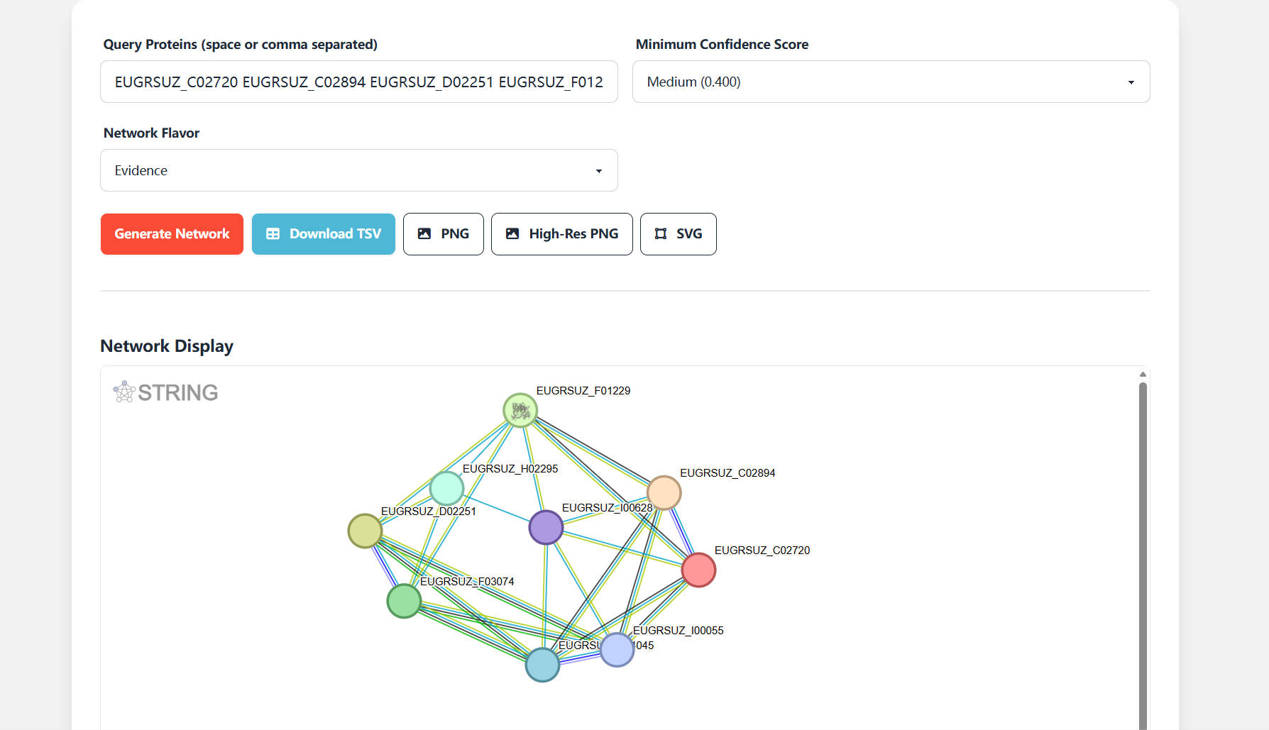 Screenshot of interaction network generation and download interface for Protein Interaction