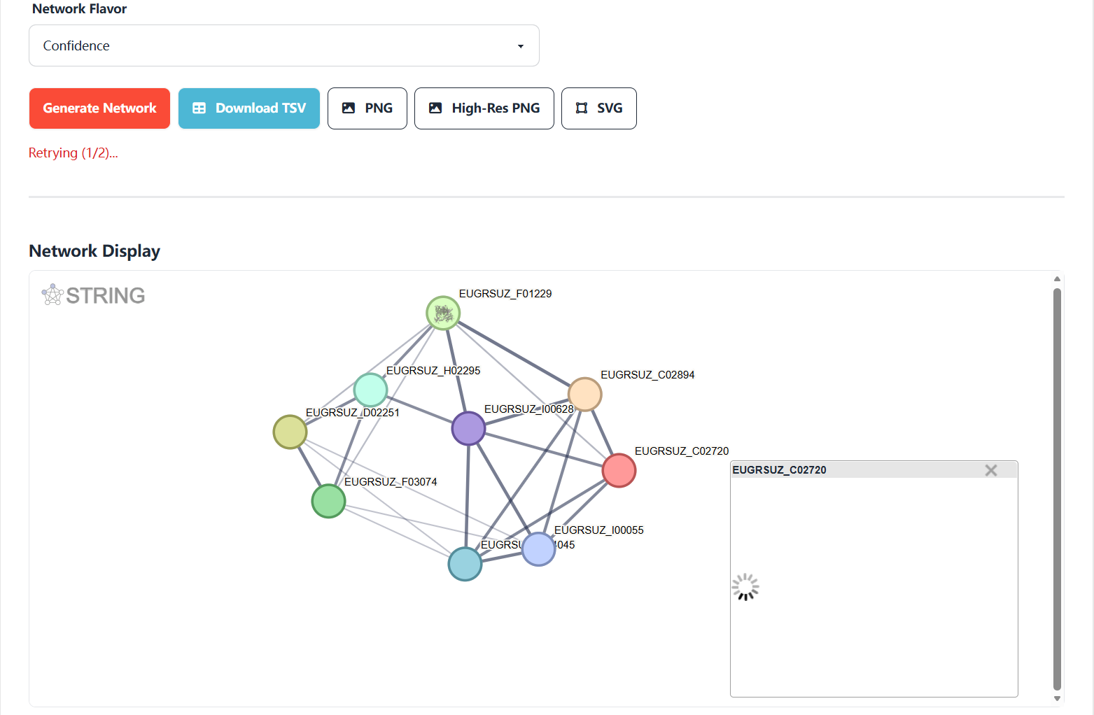 Screenshot of Eucalyptus protein interaction network result and detail view