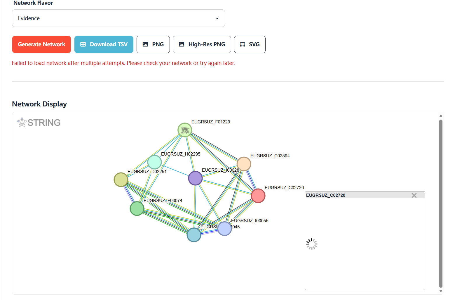 Screenshot of Eucalyptus protein interaction network node detail pop-up