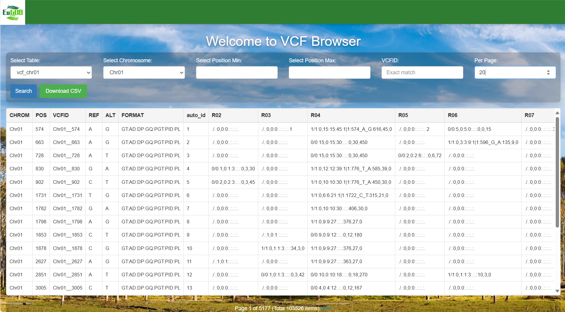 A screenshot of the one type of selection for VCF Browser.