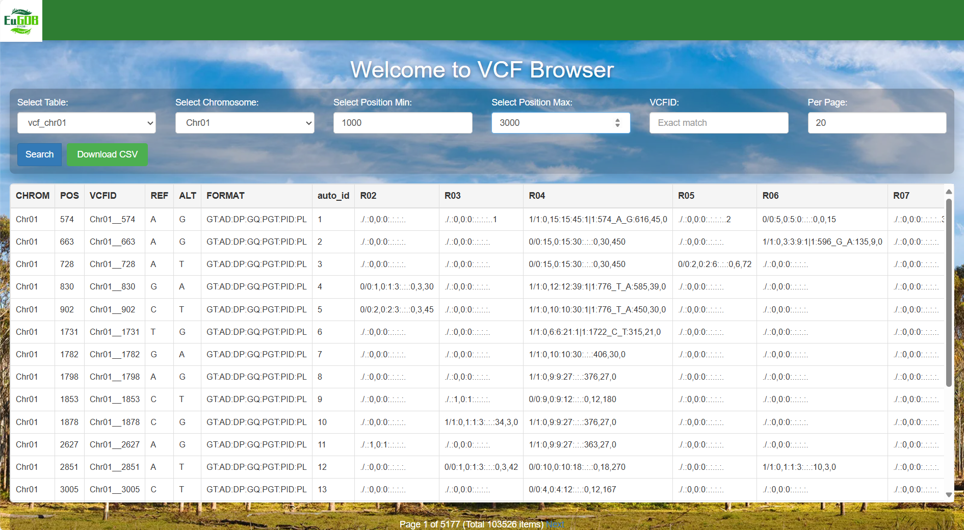 A screenshot of the one type of selection for VCF Browser.