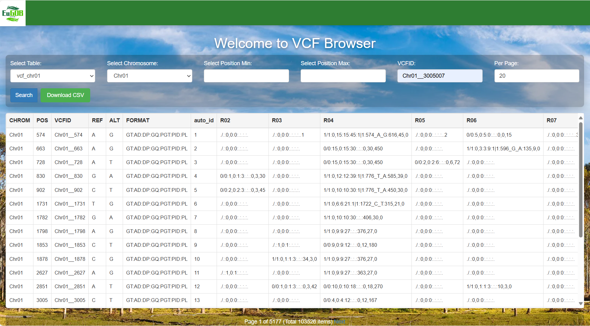 A screenshot of the one type of selection for VCF Browser.